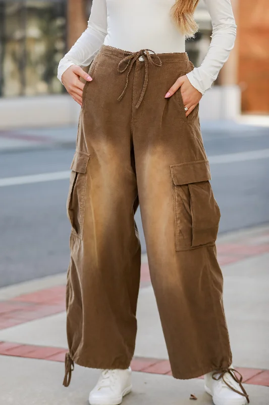 Women's Fashion-Forward Apparel Urban Fashion FINAL SALE - Contemporary Aura Brown Corduroy Cargo Pants