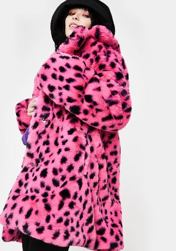 Women's Trendy Garments Limited Styles Pink N' Black Leopard Fur Coat