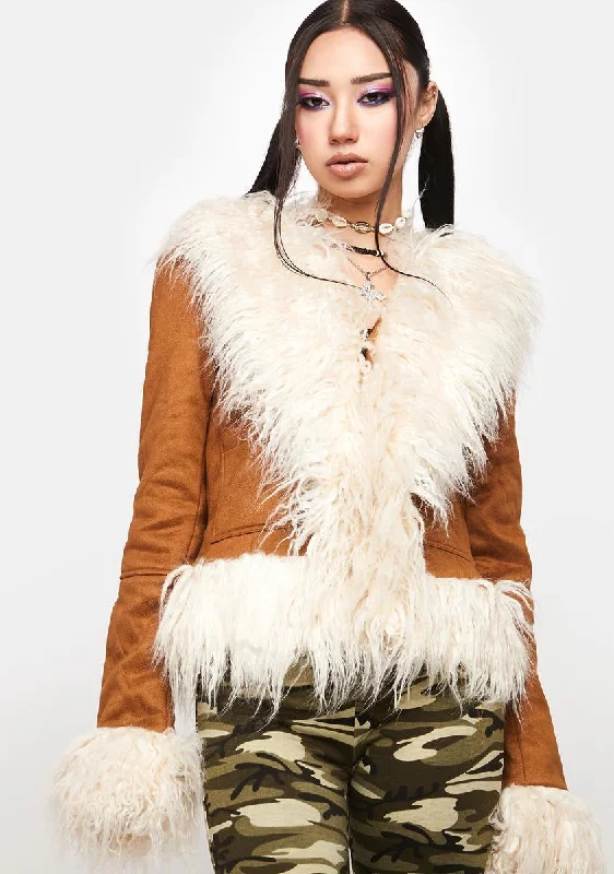 Women's Evening Clothing Fashion-Forward Offers Brown Faux Fur Trim Coat