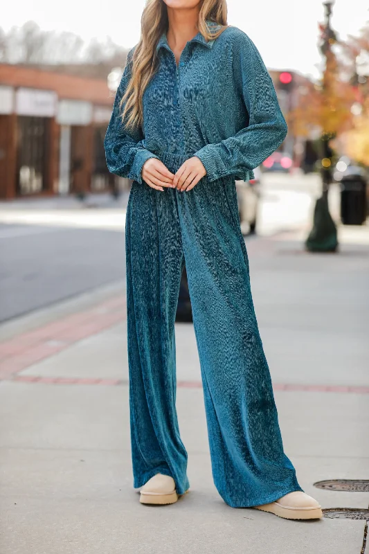 Sustainable Women's Apparel Timeless Style Promotions FINAL SALE - Luxurious Dream Teal Velvet Plisse Pants