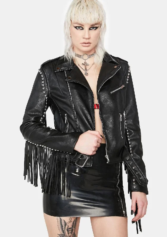 Women's Luxury Attire Stylish Statements Fringe Moto Jacket