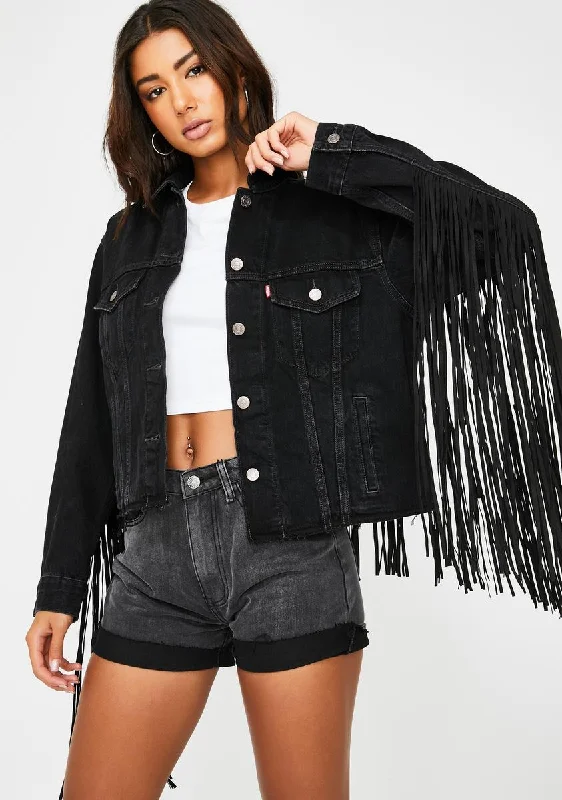 Sustainable Women's Clothes Vintage-Inspired Style Offers Black Ex Boyfriend Fringe Trucker Jacket