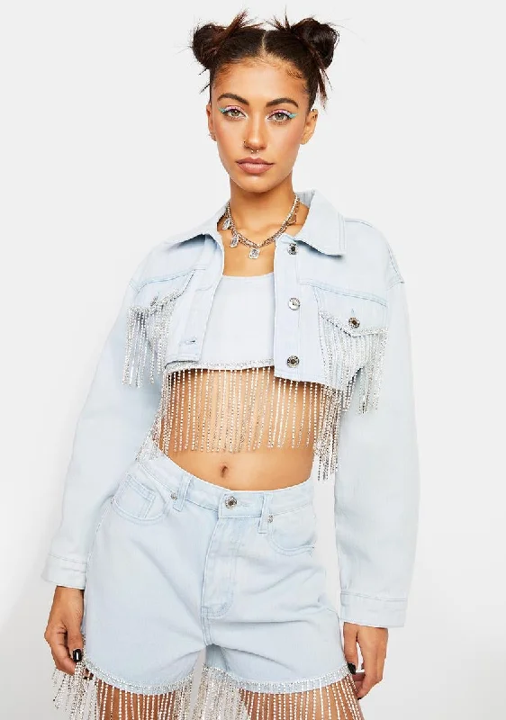 Women's Vacation Clothes Romantic Fashion Discounts Cropped Denim Jacket With Diamante Fringe