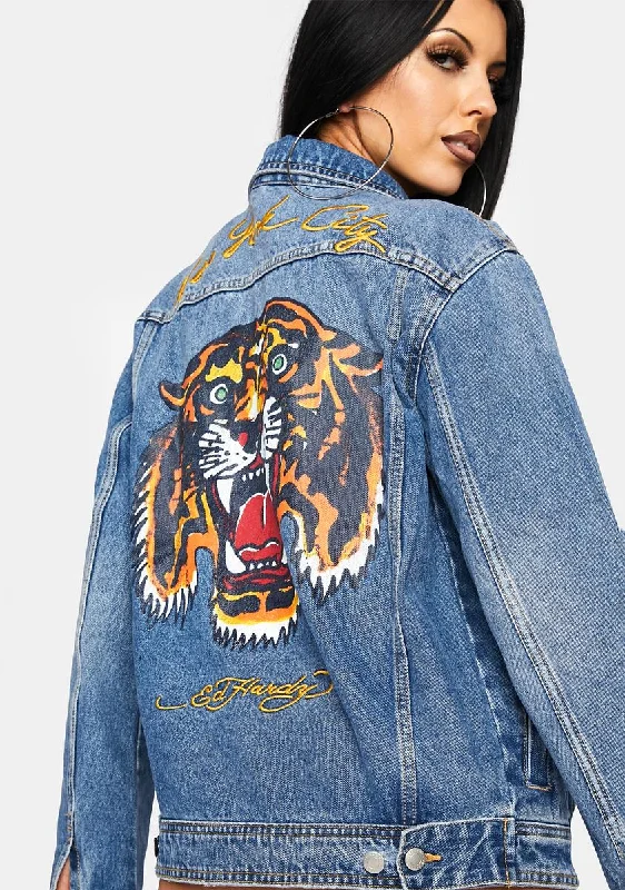 Women's Seasonal Wardrobe Clothing Laid-Back Fashion Offers NYC Tiger Denim Jacket