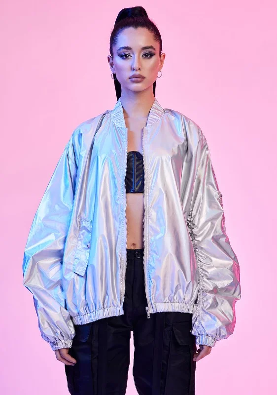 Women's Functional Outdoor Garments Chic Style, Always In Vogue Spaced Out Holographic Bomber Jacket