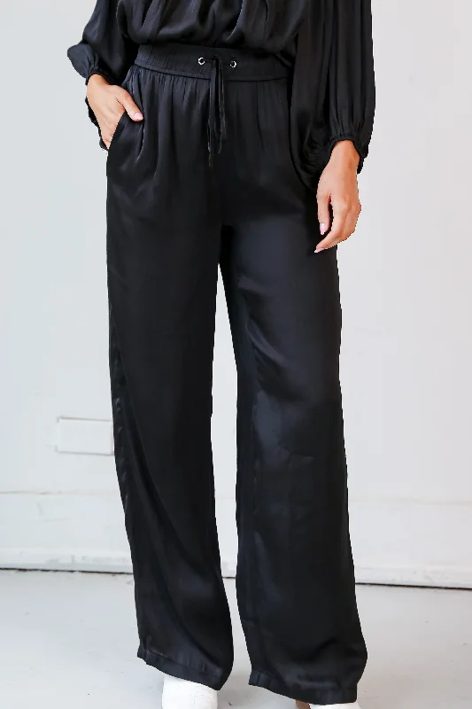 Women's Fashionable Clothing Sets Flash Sale Fever FINAL SALE - Exquisite Shine Black Satin Wide Leg Pants