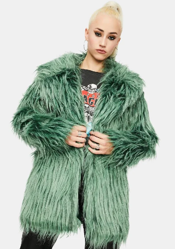 Women's Evening Attire Unleash Your Fashion Green Shaggy Faux Fur Coat