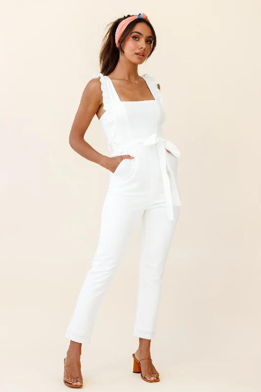 Women's Holiday Apparel Premium Fashion All For Love Square Neckline Ruffle Strap Jumpsuit White