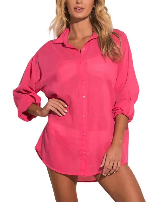 Women's Urban Clothing Seasonal Clearance Button Down Graphic Cover Up In Hot Pink