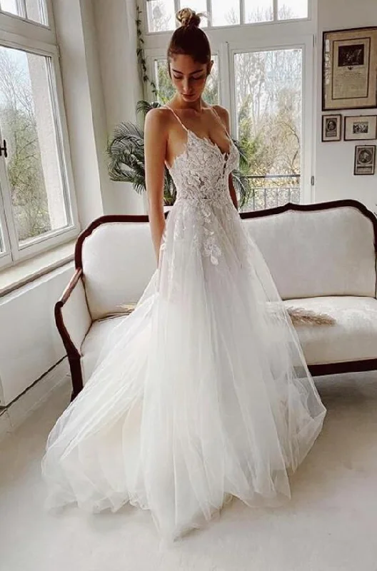 Women's Outerwear Apparel Best-Sellers Sexy V-Neck Tulle Lace Appliques Beading Spaghetti Straps A-Line Wedding Dresses