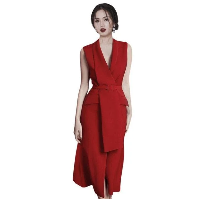 Women's Office Outfit Limited Stock, Big Sale Red Sleeveless V-neck Belt Front Slit Blazer Dress