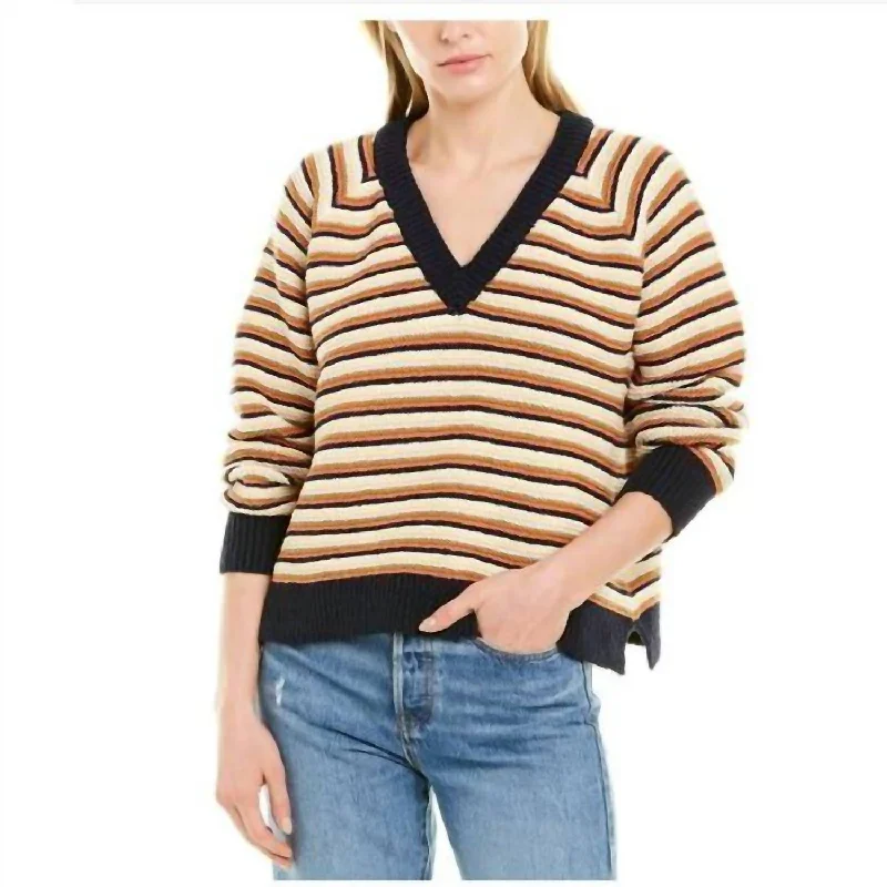 Women's Elegant Formal Outfit Fashion Sale Arden Pullover V-Neck Cotton Stripe Sweater In Navy, White, Yellow