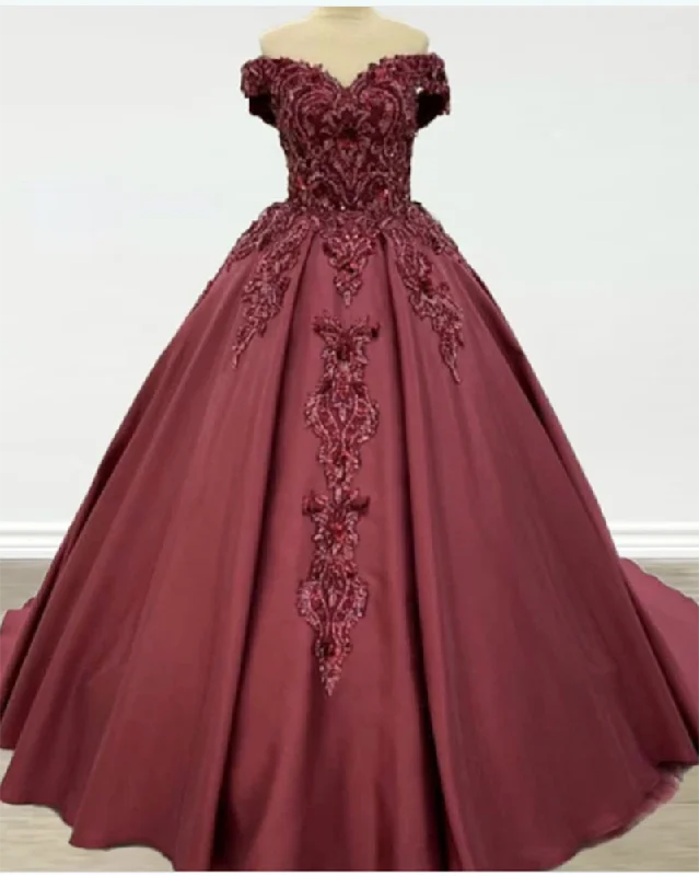 Women's Outerwear Clothing Casual Yet Chic Sales Gorgeous Burgundy Off the Shoulder Ball Gown Wedding Dress  Lace and Satin formal prom Gown PL11021