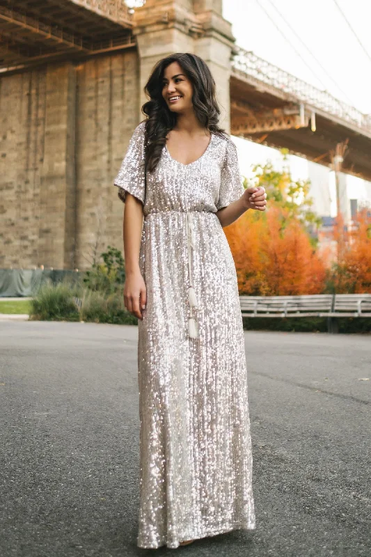 Women's Clothing Sets Chic & Cozy Collection Celia Silver Sequin Maxi Dress