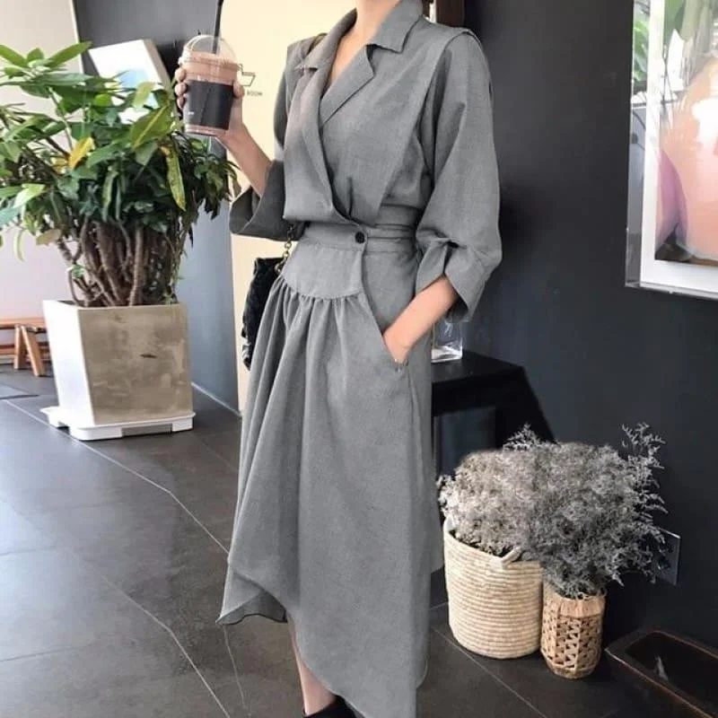 Women's Outerwear Clothing Explore What'S New Female V Neck High Waist Ruched Pocket Split Asymmetrical Midi Dress