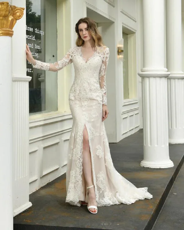 Plus-Size Women's Clothing Find Your Unique Flair Ivory/Nude Vintage Long Sleeves Lace Mermaid Wedding Dress for Bride with Slit WD09266