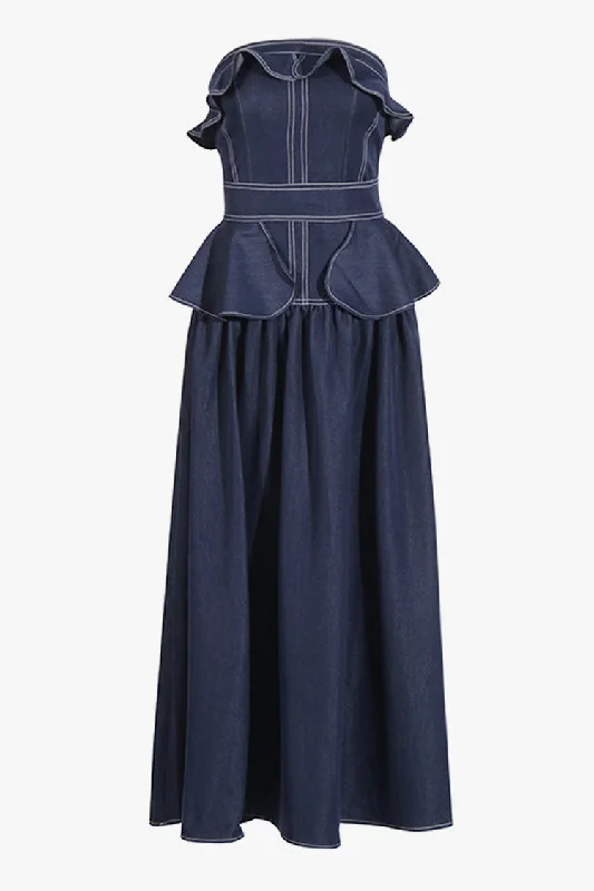 Women's Evening Clothing Bid Farewell To The Old Season French Style Strapless Ruffle Peplum Drop Waist Denim Maxi Vacation Dress