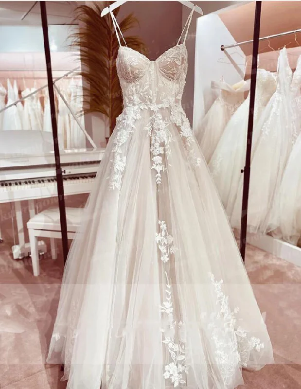 Women's Evening Attire Limited Edition Princess Lace Wedding Dress Bridal Robe 2024 Vestido Spaghetti Straps Chapel Train Champagne Tulle Wedding Gown Lakshmigown