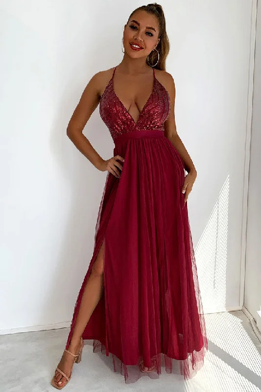 Women's Athletic Apparel Dive Into Trendy Styles Sparkly Sequined Deep V High Split Backless Evening Maxi Dress - Burgundy