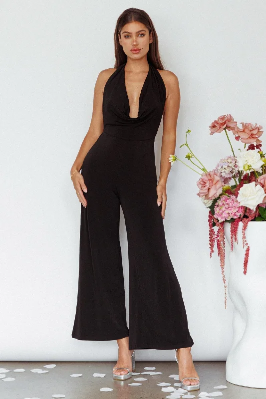 Women's Casual Wear Clothes Easy Elegance Sales Emanuella Halterneck Split Jumpsuit Black