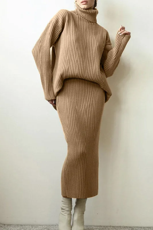 Women's Chic Outerwear Garments Classy Style Discounts Luxury Winter Rib Knit Turtleneck Oversized Sweater Midi Two Piece Dress - Khaki