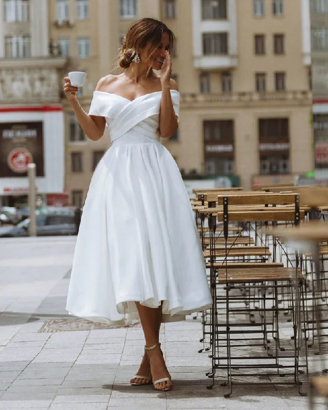 Fashionable Women's Outfit Flash Sale Now Off the Shoulder Summer Bridal Gown Short White Satin Wedding Dress  Knee Length SW10502