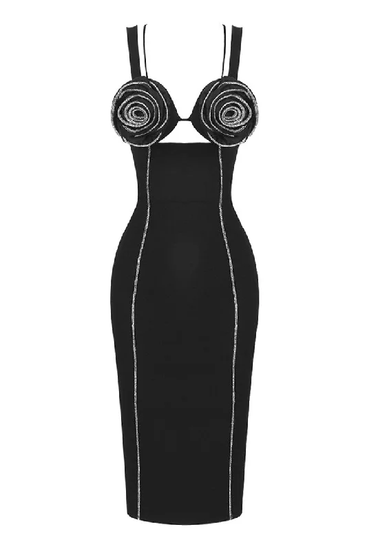 Stylish Women's Clothing Seasonal Style Discounts Sparkly Crystal Rosette Sleeveless Bodycon Badnage Cocktail Party Midi Dress