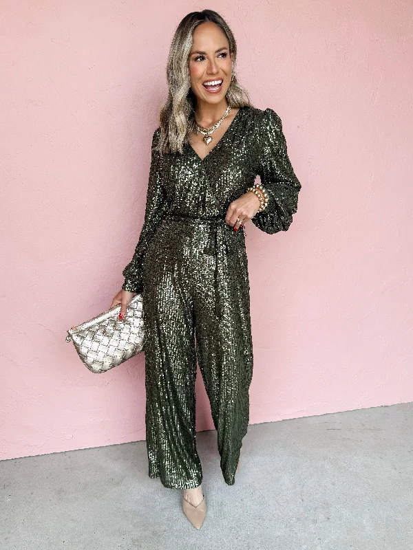 Women's Resort Apparel Boutique Styles Midnight Glitz Sequin Jumpsuit-Olive