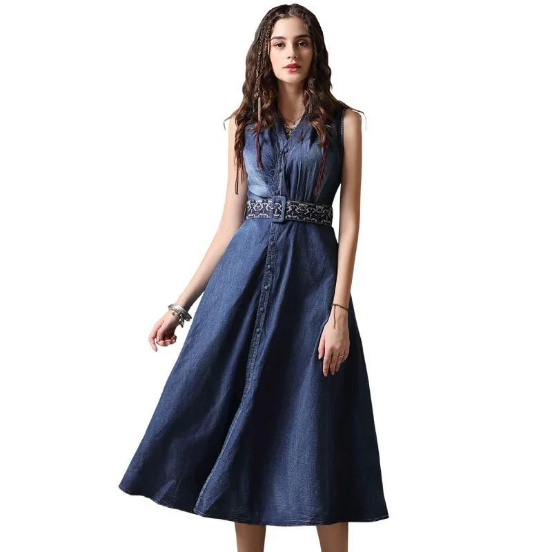 Women's Plus-Size Apparel Vintage Style Deals V-Neck A-Line Sleeveless Belted Single Breasted Denim Dress