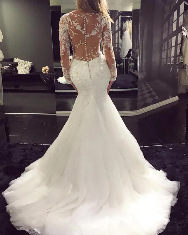 Women's Trendy Casual Clothes Vintage Style Deals Siaoryne WD023 Long Sleeves Sexy See Through Wedding dress Mermaid Bridal Gowns Lace