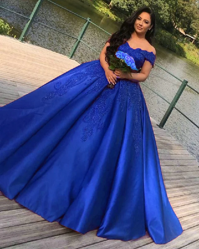 Sustainable Women's Clothes Statement Fashion Offers Elegant Off the Shoulder Lace Royal Blue Wedding Dress ball gown WD1119