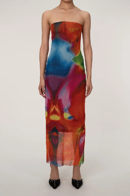 Women's Resort Garments Crazy Discounts, Hurry Up Sexy Bold Abstract Printed Summer Strapless Mesh Maxi Dress - Multicolor