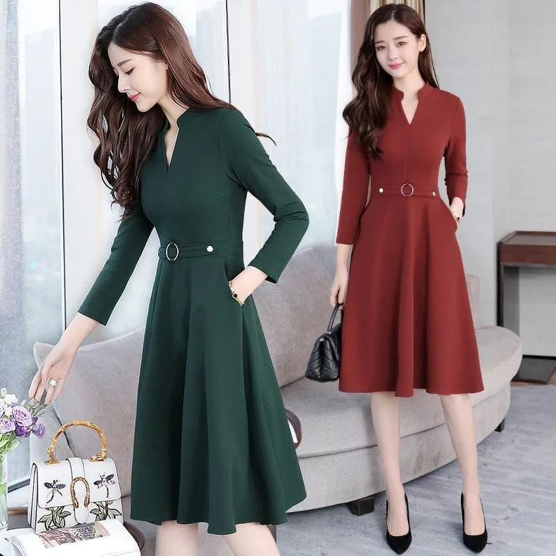 Women's Trendy Outfit Style Revolution Bodycon V-Neck Long Sleeve Runway Midi Dress