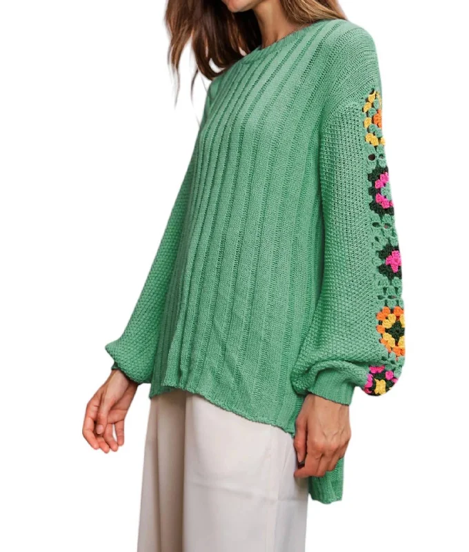 Women's Tops And Clothing Trendy Pulse Sweater With Crochet Arms In Mint Green