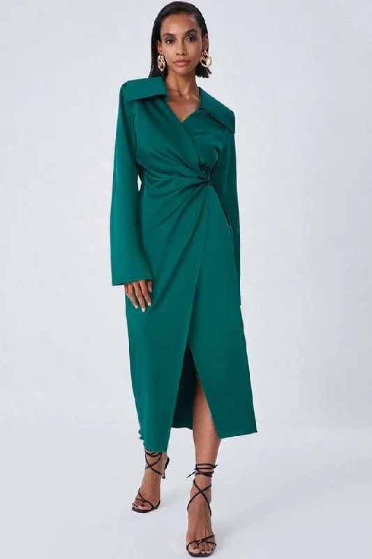 Women's Wedding Apparel Chic Trends Unveiled Silky Satin Long Sleeve Cocktail Party Wrap Maxi Dress - Emerald Green