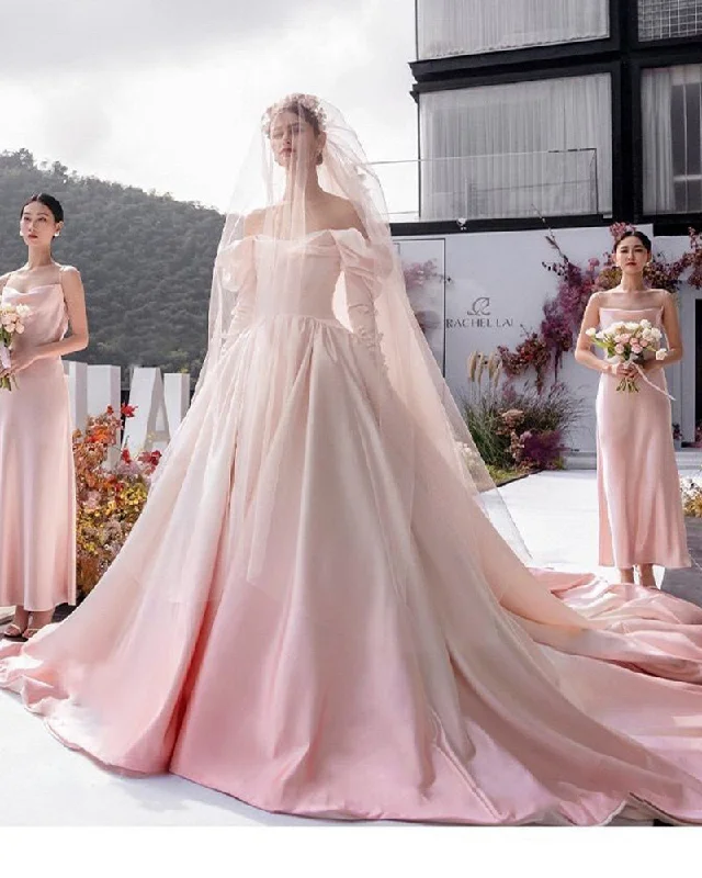 Women's Floral Print Outfit Limited Stock, Big Discounts Vintage Princess Long Sleeves Pink Ombre Wedding Dresses ,Colored Bridal Party Gown  WD10430