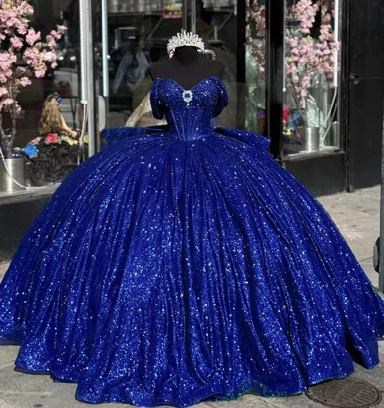 Women's Fashionable Clothing Sets Daring Fashion Promotions Glitter Sequins Royal Blue Wedding Dress Ball Gown GIrls Quinceaera Gown PL25173