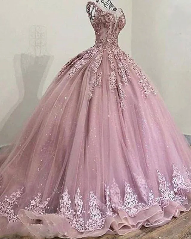 Women's Travel Attire Bid Farewell To The Old Season Pricess Scoop Neck Glitter Sequins Tulle lace Mauve Pink Ball Gown Wedding Dresses Formal Masquerade Gown PL10302