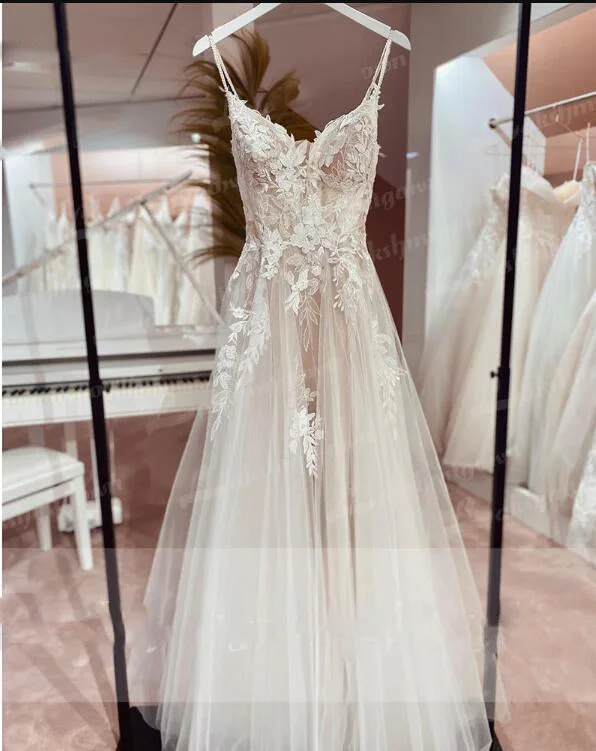 Affordable Women's Garments New Season Fashion Preview Spaghetti Straps Lace Ivory Beige Wedding Dress Open Back Civil Bridal Bohemian Wedding Gowns Vestidos de Nova