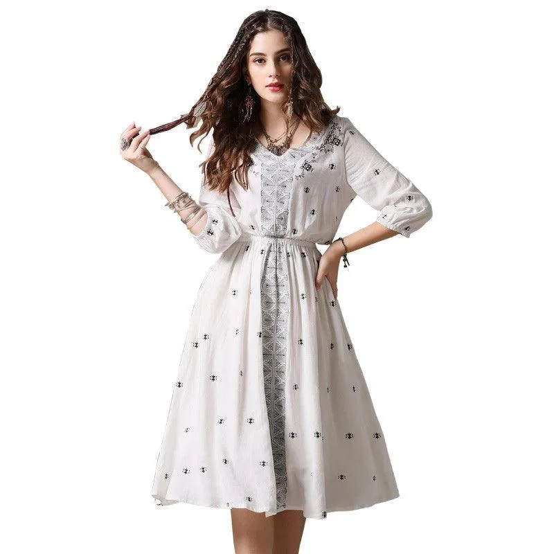 Women's Clothes For Special Occasions Vintage-Modern Style Offers Ranch Style V-Neck A-line Three Quarter Lantern Sleeve Vintage Dress