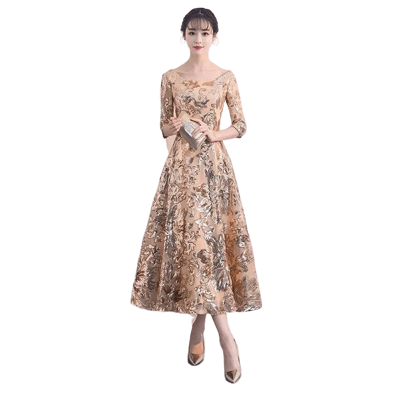 Stylish Women's Apparel Laid-Back Fashion Offers Empire Waist Gold Flower Sequins Formal Evening Midi Dress