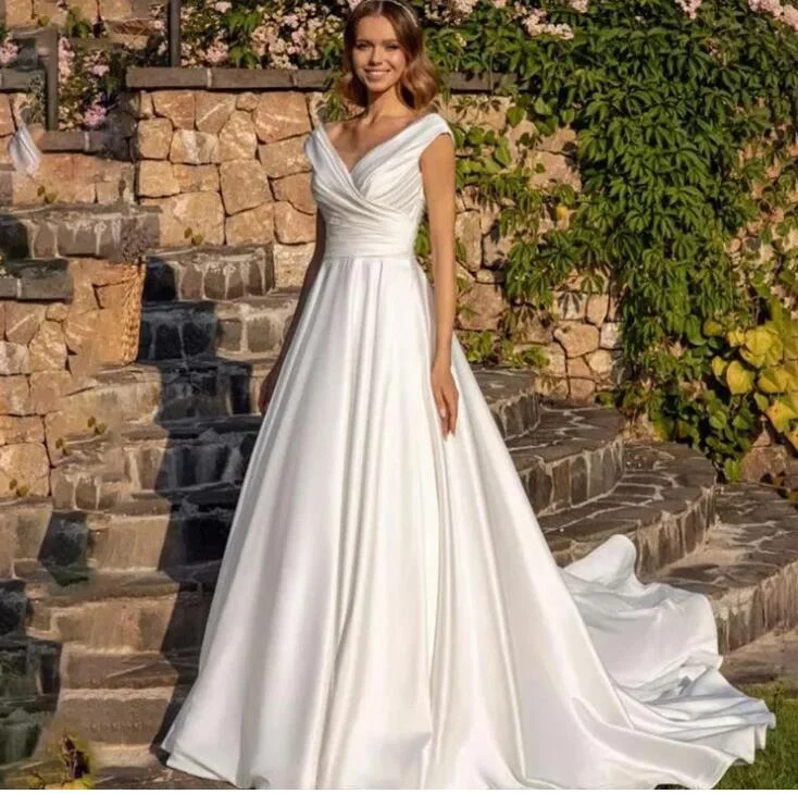 Women's Chic Outerwear Outfit Unbeatable Prices A Line Satin ivory Wedding Dress for women Vestido 2024 WD4712