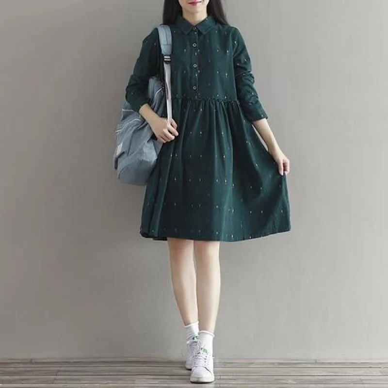 Women's Clothing With Trendy Designs Embrace New Fashion Corduroy Green Retro Loose Fit Vintage Print Long Sleeve Casual Midi Dress