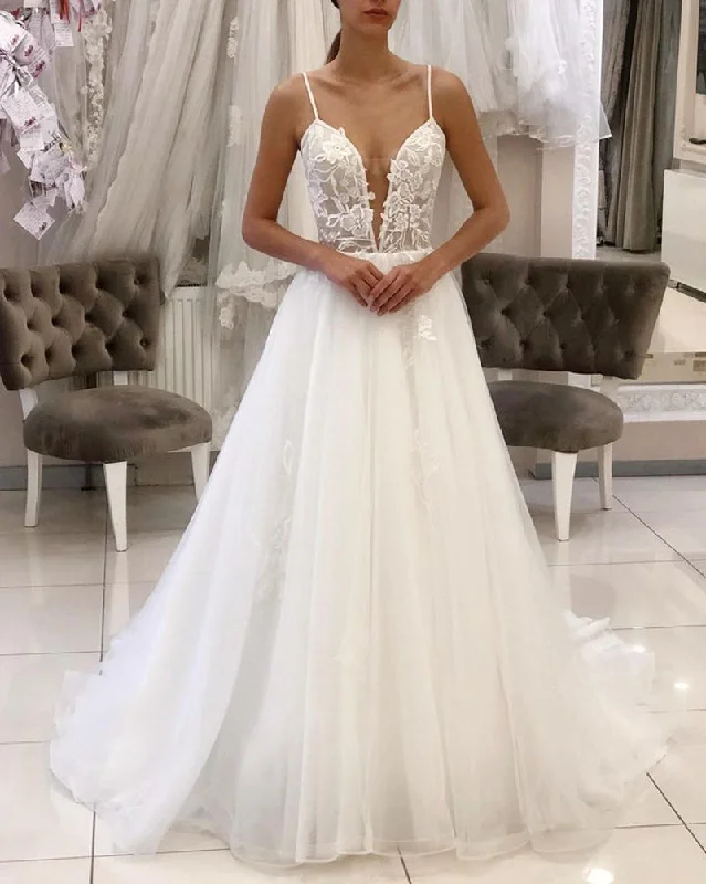 Women's Activewear Garments Exclusive Discount Sexy Deep V Neck Spaghetti Straps Lace and Tulle Bride Wedding Dresses WD10116