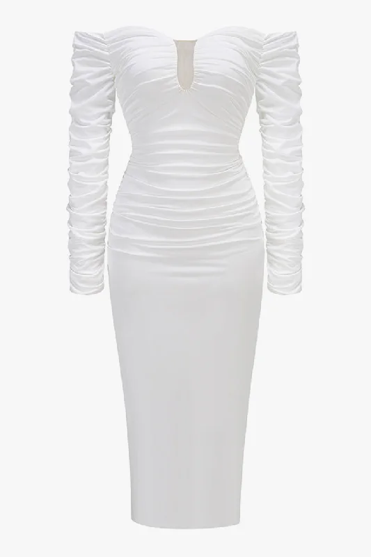 Women's Chic Outerwear Attire Chic Trends Unveiled Sexy Off Shoulder Plunge Neck Long Sleeve Ruched Cocktail Midi Dress