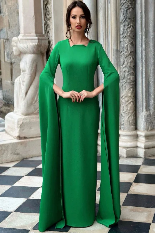 Women's Clothing Day-To-Night Styles Luxury Notched Crew Neck Cape Sleeve A Line Evening Gown Maxi Dress - Green