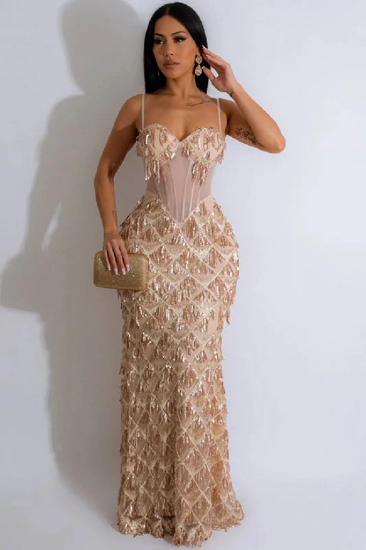 Women's High-Fashion Outfit Trendy Street Style Sparkly Bustier Sleeveless Sheer Drop Waist Fringe Sequin Evening Maxi Dress