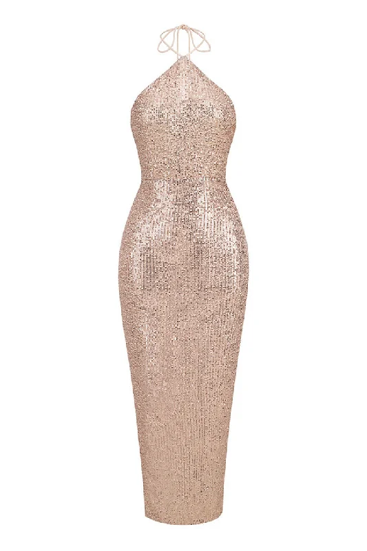 Women's High-Fashion Clothes Bid Farewell To The Old Season Sparkly Sequin Halter Sleeveless Bodycon Backless Split Evening Maxi Dress