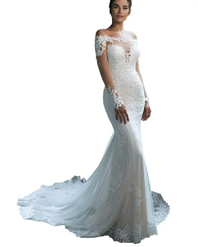 Women's Comfortable Apparel Stylish Deals Stunning Women Bridal Gown Mermaid Lace Wedding Dress with Long sleeves WD01203