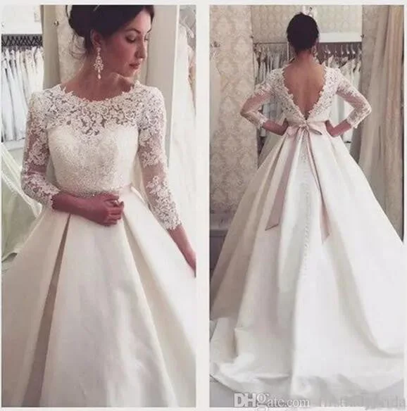 Affordable Women's Clothing Bold Style Discounts Siaoryne Vintage Long sleeves V Back Satin Lace Beading Wedding Gowns